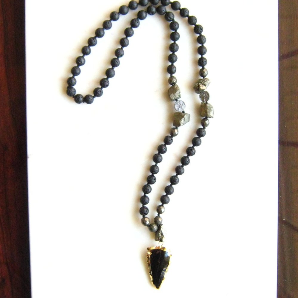 Black beaded hand knotted boho arrowhead necklace